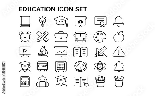 A collection of education themed line icons including books graduation caps and school supplies arranged neatly