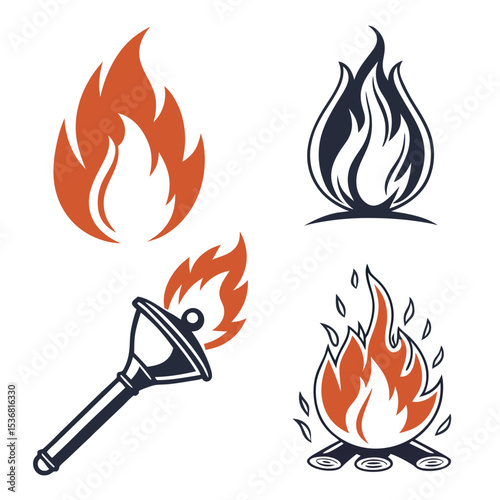 A set of vector fire icons illustrating hot flames and burning symbols