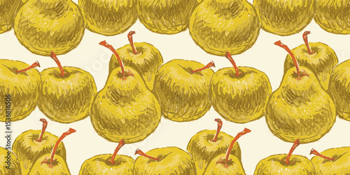 Semless pattern of ripe yellow apples and pears, fresh fruits, vector background, paper, wallpaper