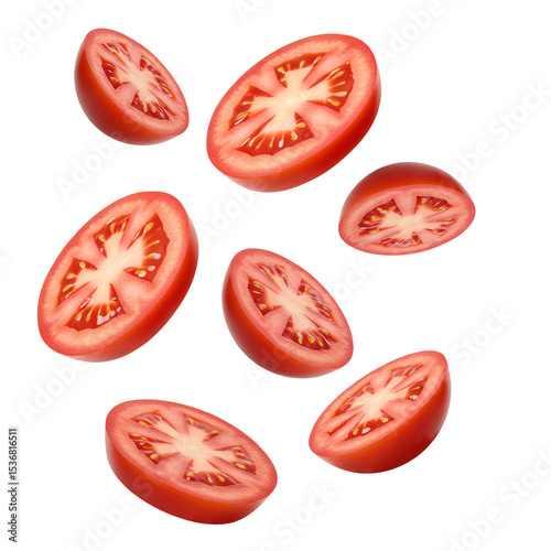 Isolated PNG of sliced tomatoes flying through air PNG. Crisp tomato discs falling down isolated. Tomatoes and tomato slices for summer food PNG