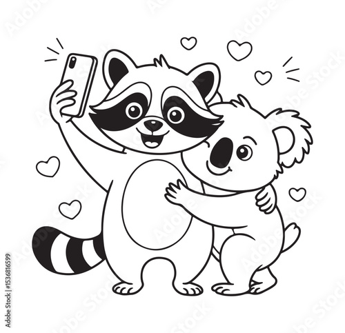 Happy raccoon and koala taking selfie coloring page vector illustration