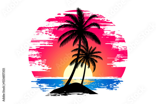 Sunset Island with silhouette palms summer background