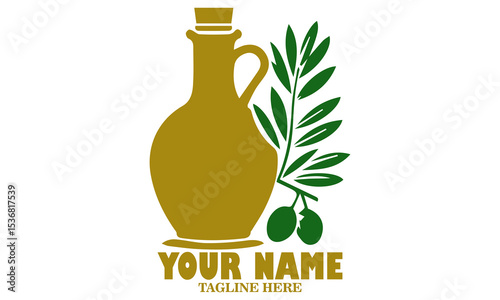 Illustration jug pitcher of olive oil and branch of olives logo icon and glass bottle jug and olive tree branch with fruits and leaves vector illustration with white background