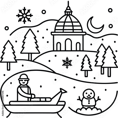Vector illustration of a little girl in a white dress celebrating Christmas in a snowy winter village landscape