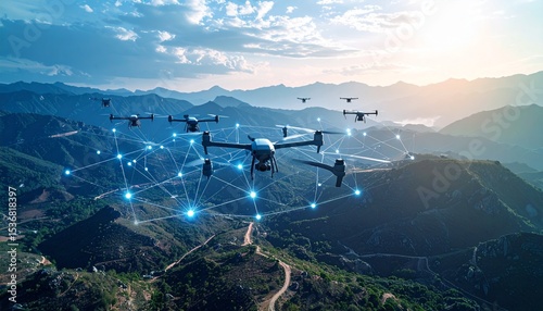 Autonomous drone swarm creating temporary communication network over rugged mountain terrain