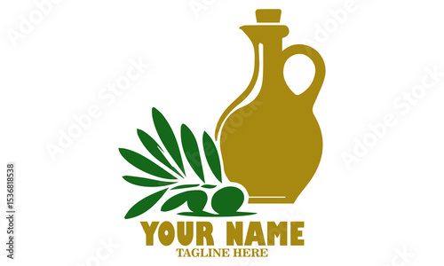 Illustration jug pitcher of olive oil and branch of olives logo icon and glass bottle jug and olive tree branch with fruits and leaves vector illustration with white background