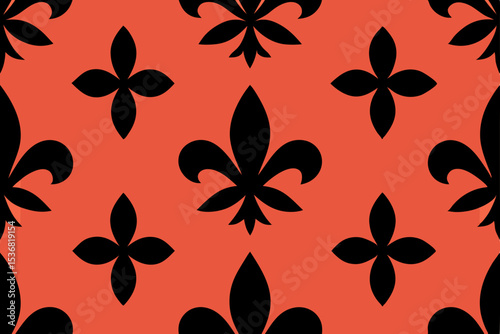 Elegant Black Fleur-de-lis Pattern on Coral Background Seamless Textile Design