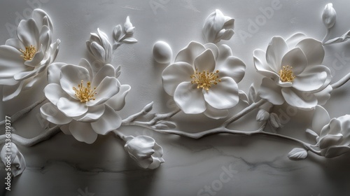 Ornate white flowers in a 3d relief design.