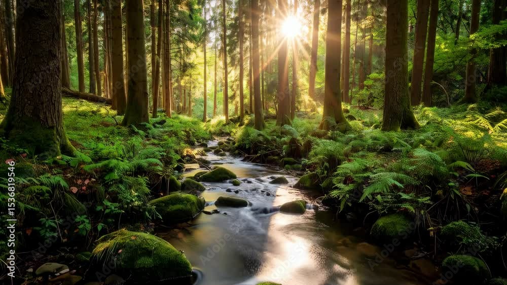 Sunlight streams through tall trees illuminating a tranquil stream flowing over mossy rocks in a lush forest.