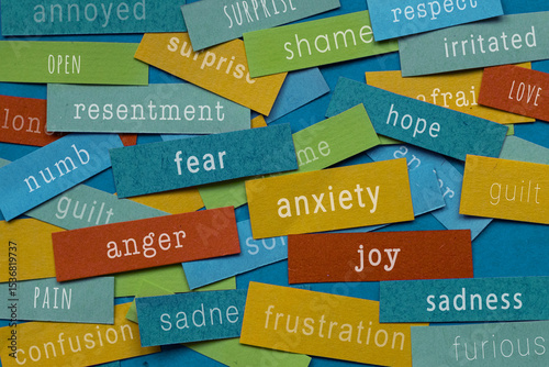 different emotions and feelings written on colorful papers - anxiety, anger, joy, sadness, emotional intelligence and mental health