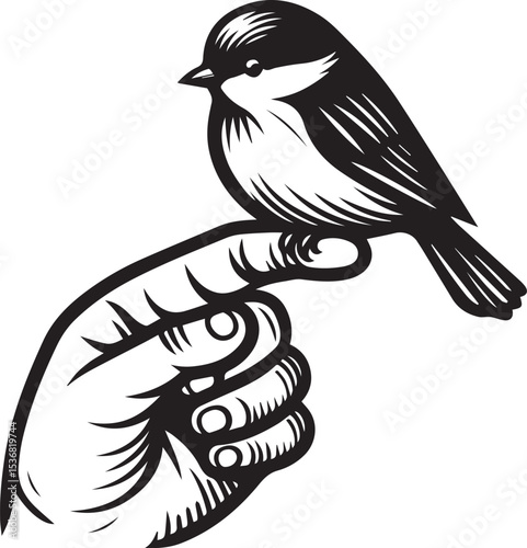 A small bird perched gently on a human hand a striking black and white vector illustration perfect for nature designs logos or prints