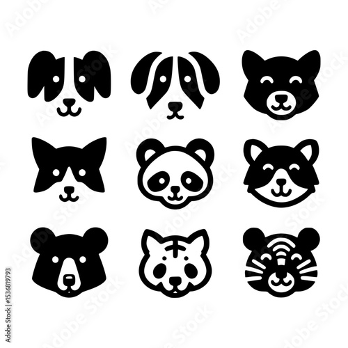 Nine cute animal head icons black and white