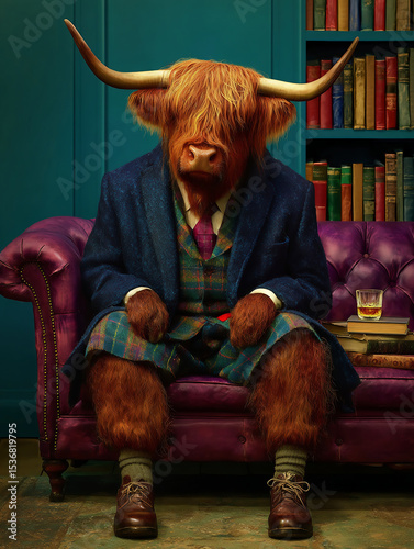 Stylish Anthropomorphic Highland Cow in Vintage Attire in a Colorful Library Setting

