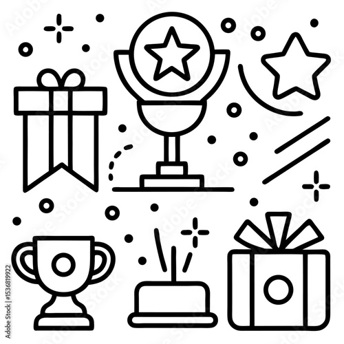Line icons set related to rewards, achievements, recognition, and success. Includes medals, trophies, ribbons, stars, gift boxes, people celebrating, and shopping elements. Minimal, monochrome outline