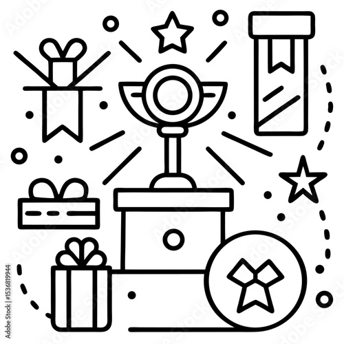 Line icons set related to rewards, achievements, recognition, and success. Includes medals, trophies, ribbons, stars, gift boxes, people celebrating, and shopping elements. Minimal, monochrome outline
