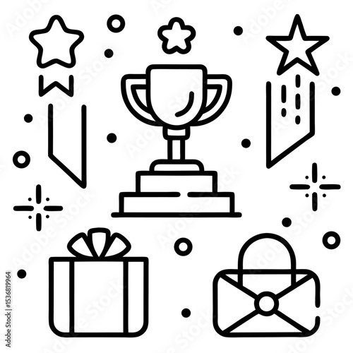 Line icons set related to rewards, achievements, recognition, and success. Includes medals, trophies, ribbons, stars, gift boxes, people celebrating, and shopping elements. Minimal, monochrome outline
