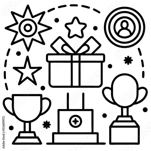 Line icons set related to rewards, achievements, recognition, and success. Includes medals, trophies, ribbons, stars, gift boxes, people celebrating, and shopping elements. Minimal, monochrome outline