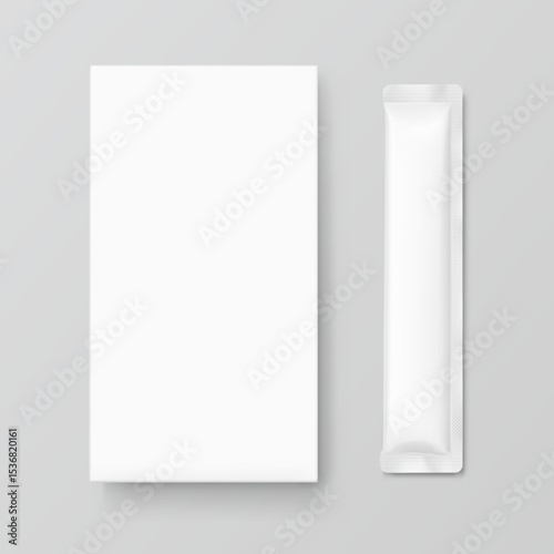 Blank three seal stick package bag with paperboard box mockups. Front view. Vector illustration isolated on grey background. Can be use for food, cosmetic, pharmacy and etc. EPS10.