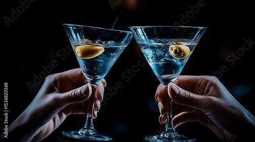 Elevated cheers: clinking martini glasses in dimly lit ambiance for celebration