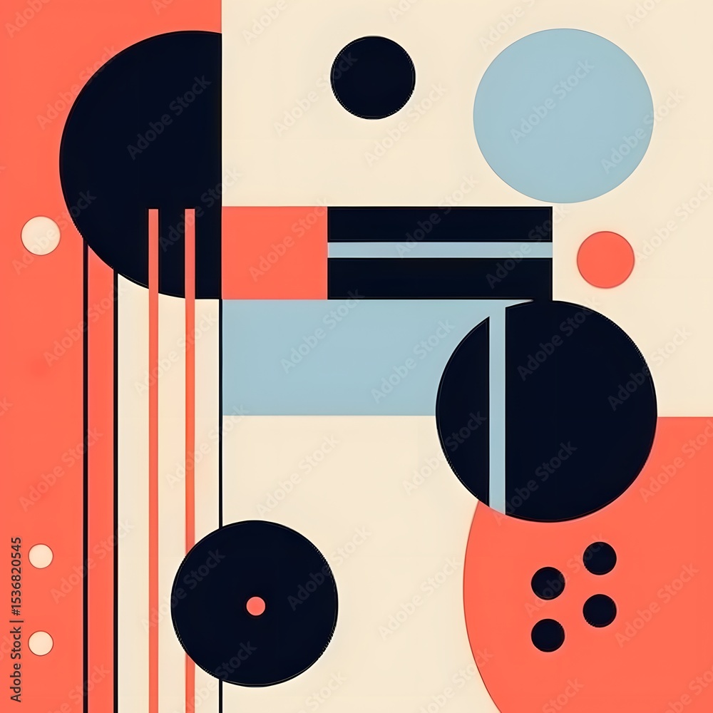 Obraz premium Modern abstract Constructivism art featuring circles, lines, and blocks in vivid orange, black, and white