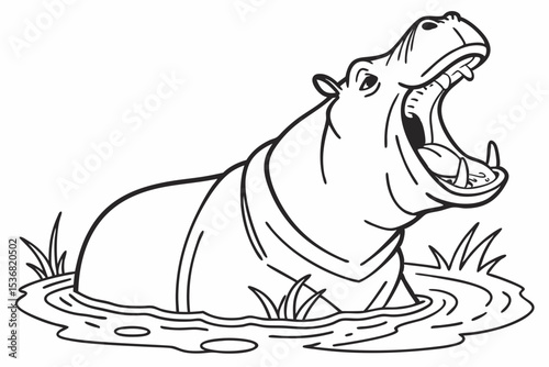 coloring page for kids, a big happy hippo yawning widely in the water, with only its head and back visible above the water line, simple water ripples, thick outlines, black and white