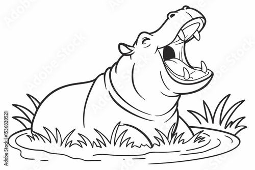 coloring page for kids, a big happy hippo yawning widely in the water, with only its head and back visible above the water line, simple water ripples, thick outlines, black and white