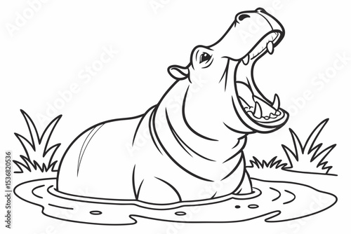 coloring page for kids, a big happy hippo yawning widely in the water, with only its head and back visible above the water line, simple water ripples, thick outlines, black and white