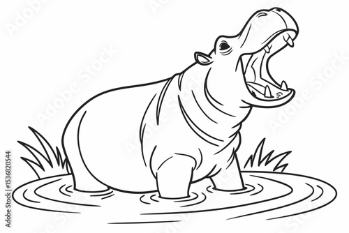 coloring page for kids, a big happy hippo yawning widely in the water, with only its head and back visible above the water line, simple water ripples, thick outlines, black and white