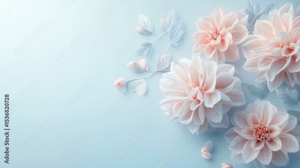 Elegant soft pink and white paper flowers with petals and leaves arranged on a pastel blue background for decoration and craft projects Elegant soft pink and white paper flowers with petals and leaves arranged on a pastel blue background for decoration and craft projects