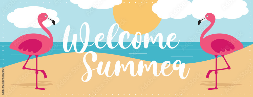 Colorful welcome summer vacation banner with flamingos on the beach. Hand drawn vector illustration. 
