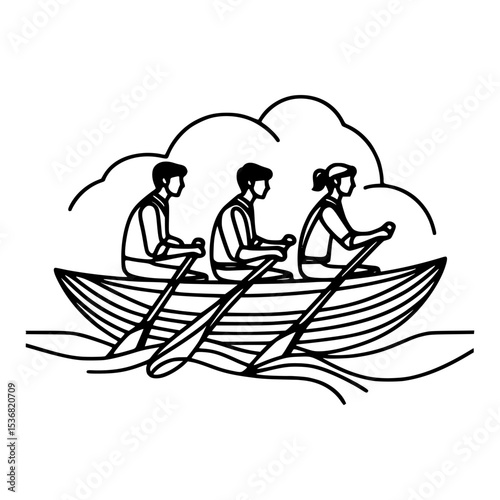 Teamwork rowing boat line art illustration
