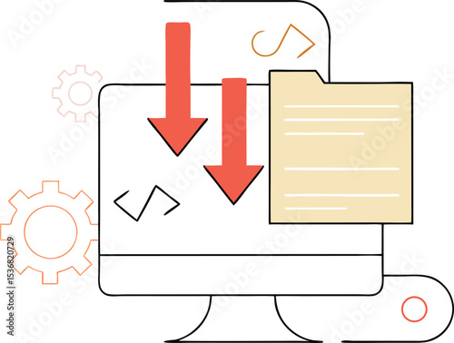 Abstract illustration of data transfer workflow with gears and document file