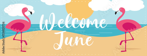 Colorful welcome summer vacation banner with flamingos on the beach. Hand drawn vector illustration. 