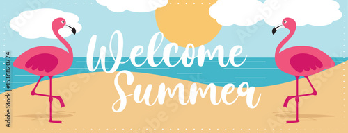 Colorful welcome summer vacation banner with flamingos on the beach. Hand drawn vector illustration. 