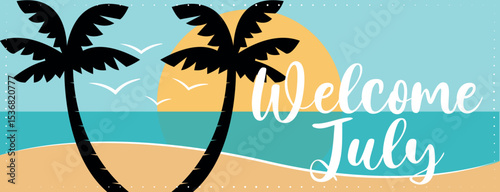 Colorful welcome summer vacation banner with palm trees on the beach. Hand drawn vector illustration. 