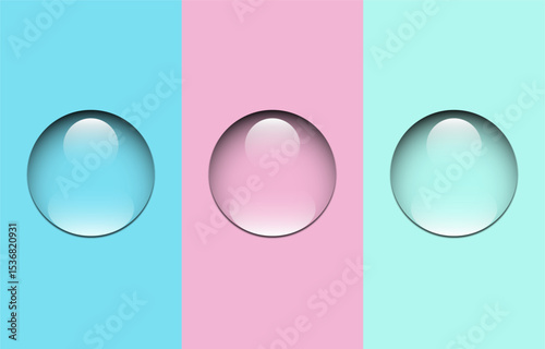 Water drop vector icon.Drops of water clipart.Crystal clear droplet isolated on blue, pink and green background .Gel, moisture, aqua droplet in circle shape.