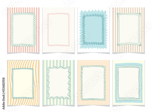 set of vector vintage postage frame. Set of vintage hand drawn frames with whimsical borders on pastel backgrounds. Ideal for journaling, posters, cards, invitations. 