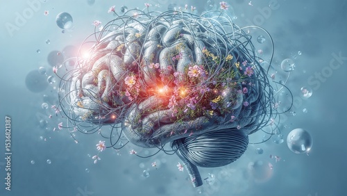 A brain with flowers and wires in a surreal composition on a blue background with floating spheres