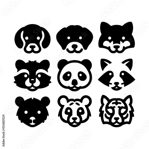Nine cute animal head icons black and white