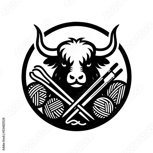 Yak head with knitting needles and yarn balls