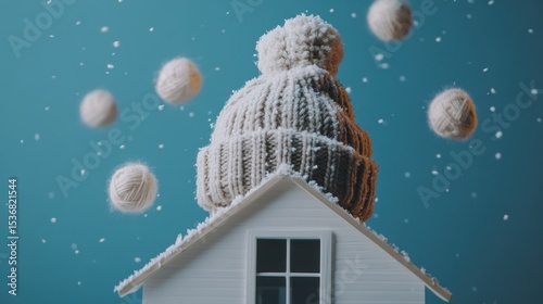 Knitted winter hat atop a snowy miniature house.