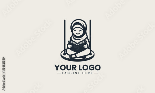Cheerful Muslim girl in headscarf reading a book on hanging swing in playful outdoor cartoon vector logo illustration design