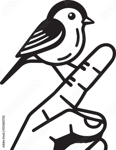 A small bird perched gently on a human hand a striking black and white vector illustration perfect for nature designs logos or prints