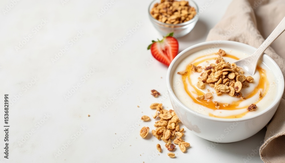 Yogurt bowl topped with granola and strawberries on a light background Yogurt bowl topped with granola and strawberries on a light background
