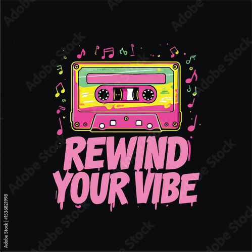 Rewind Your Vibe – Retro Cassette Tape Neon Illustration
