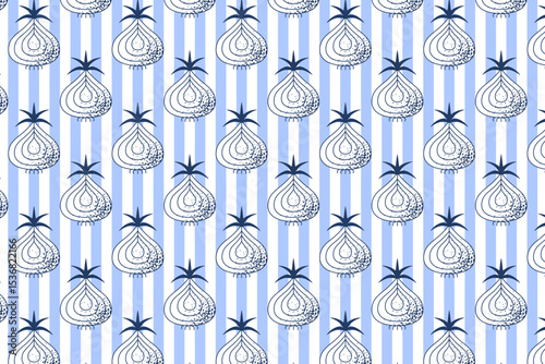 Onion halves slices seamless pattern on blue striped background. Summer vegetables healthy food