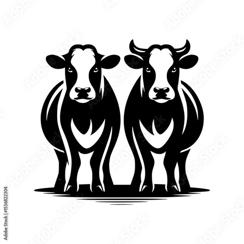Two black and white cows standing together
