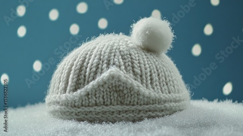 Knitted winter hat resting on a bed of snow.