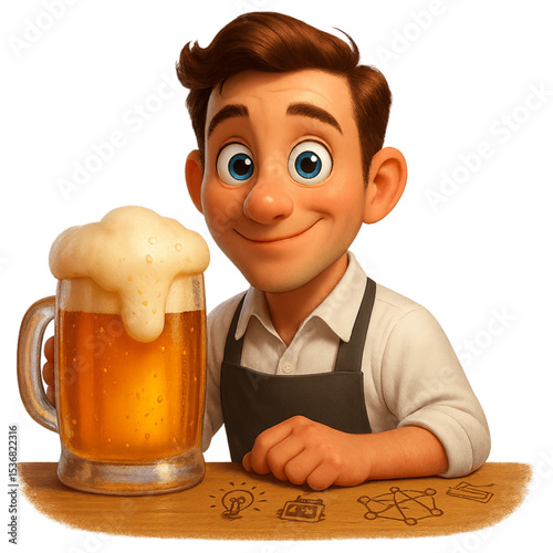 The bartender serves beer with a smile in a relaxed bar setting 