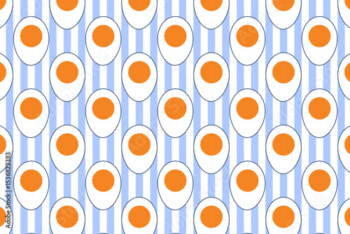 Halves of eggs seamless pattern on blue striped background. Healthy food with protein